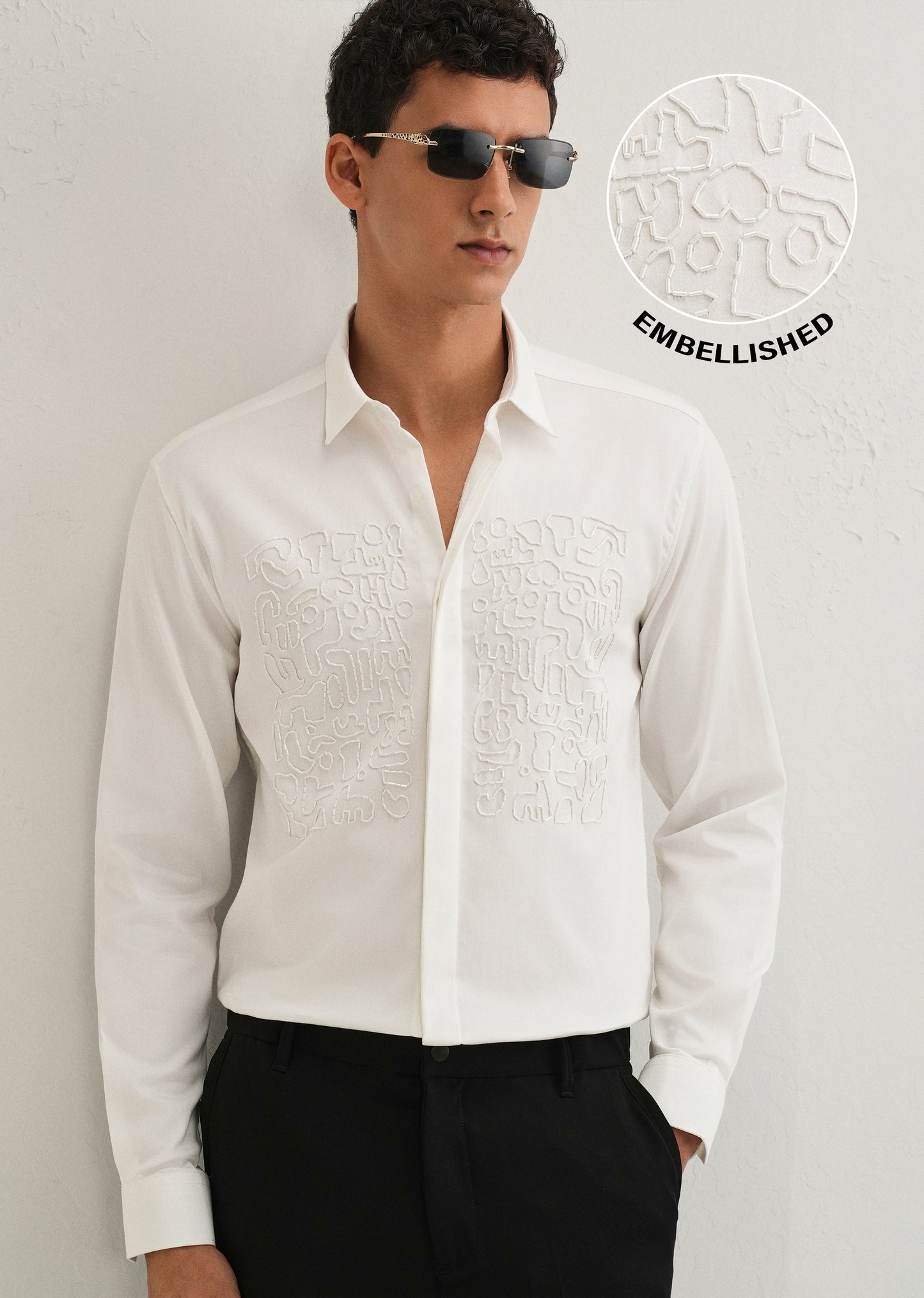 White Abstract Embellished Designer Shirt