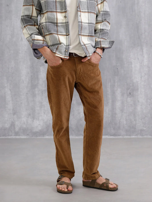 Corduroy Straight Fit Trousers | Khakhi