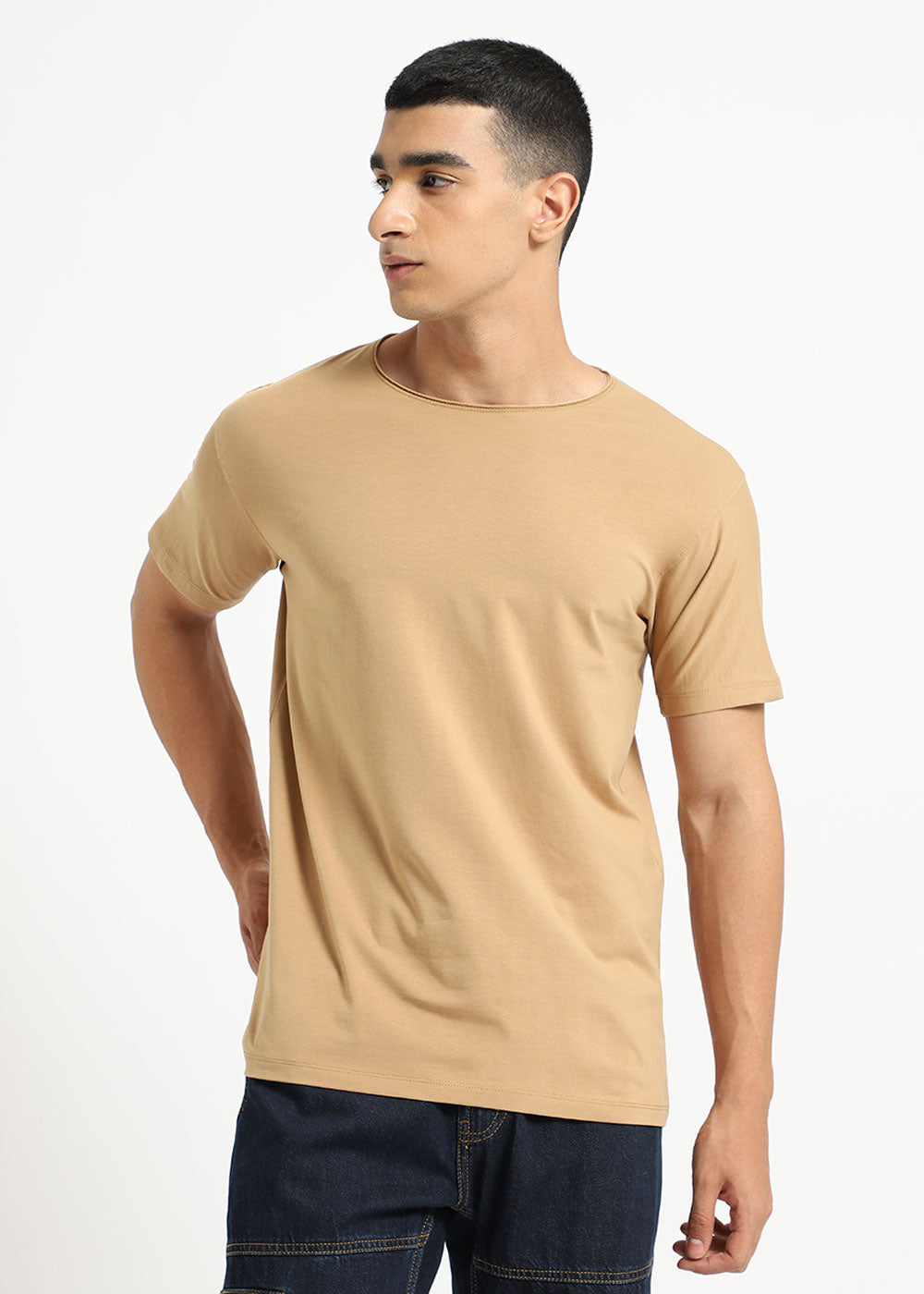 Beige Plain Crew neck T-shirt