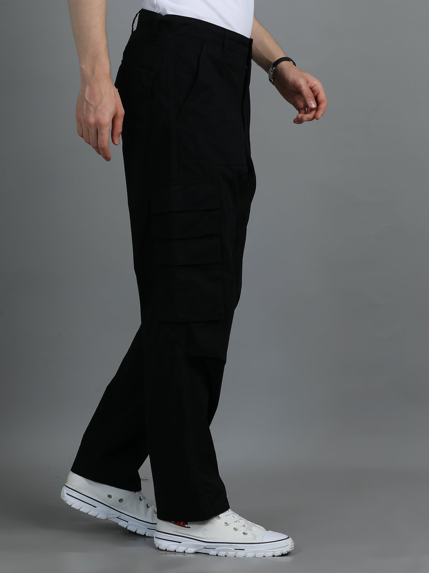 Men 2 Cotton Relaxed Fit Cargo Trousers, Black Khakhi