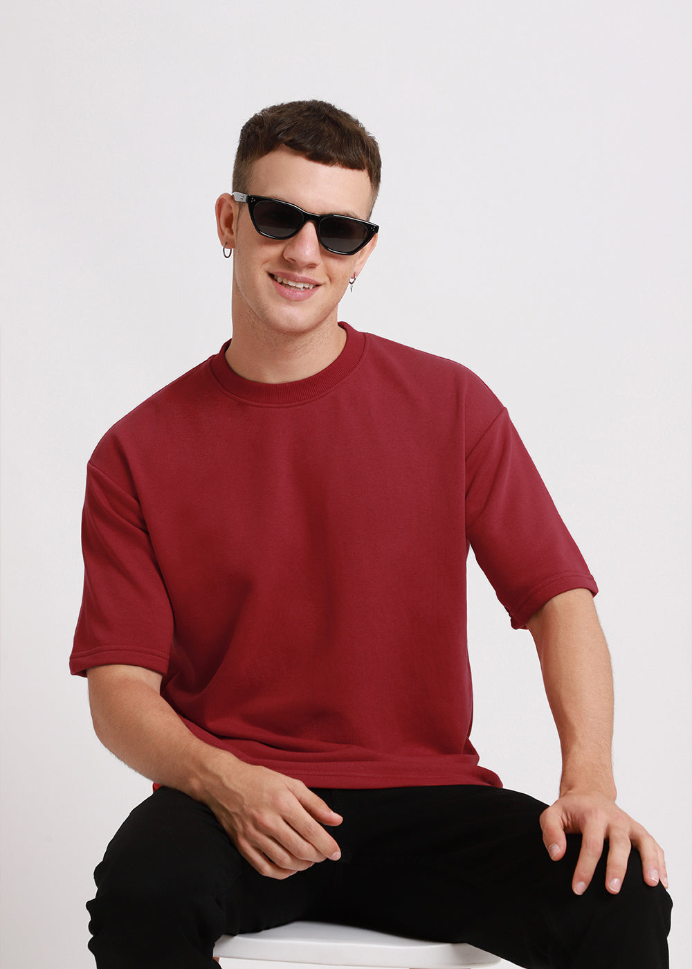 Crimson Red Plain Oversized Basic T-shirt
