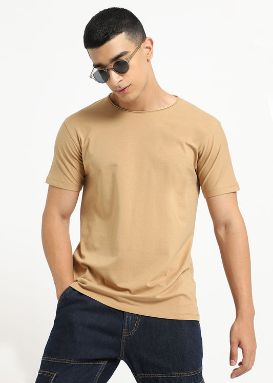Beige Plain Crew neck T-shirt
