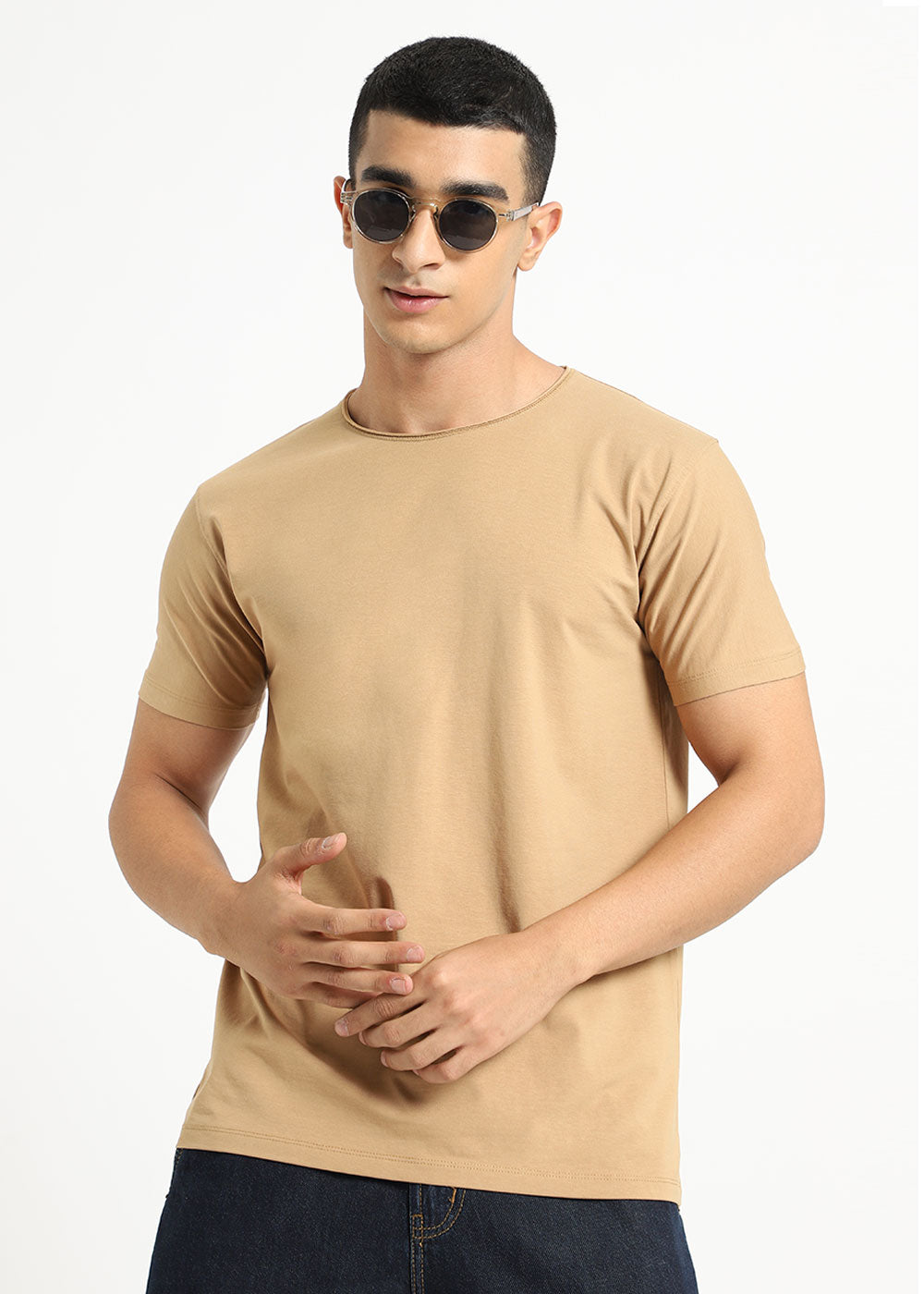Beige Plain Crew neck T-shirt