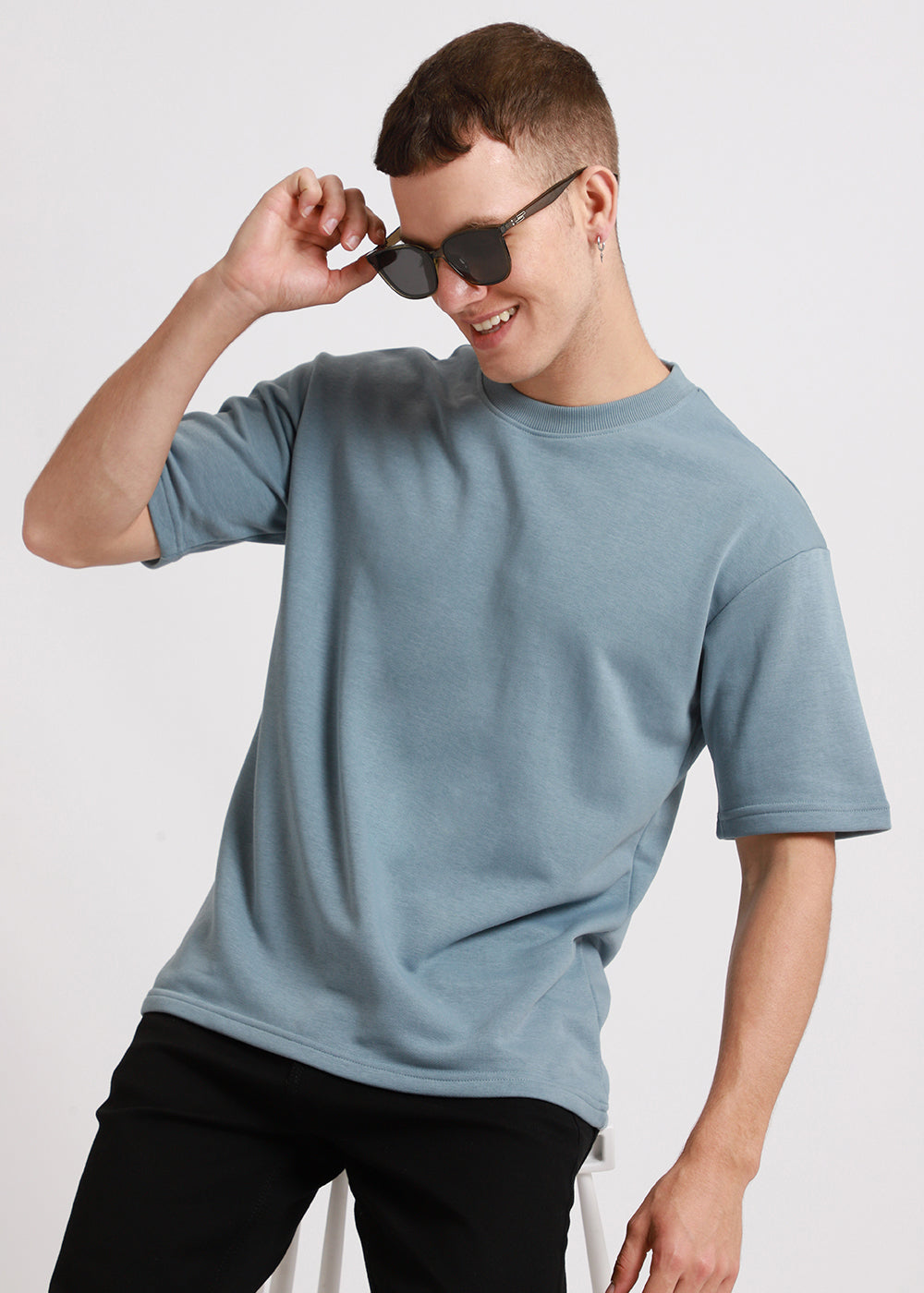 Ice Blue Plain Oversized Basic T-shirt