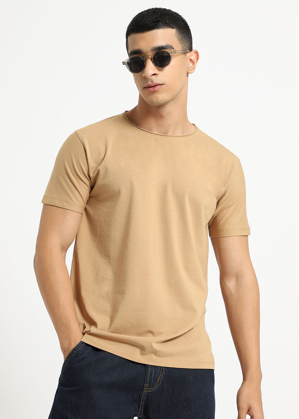 Beige Plain Crew neck T-shirt