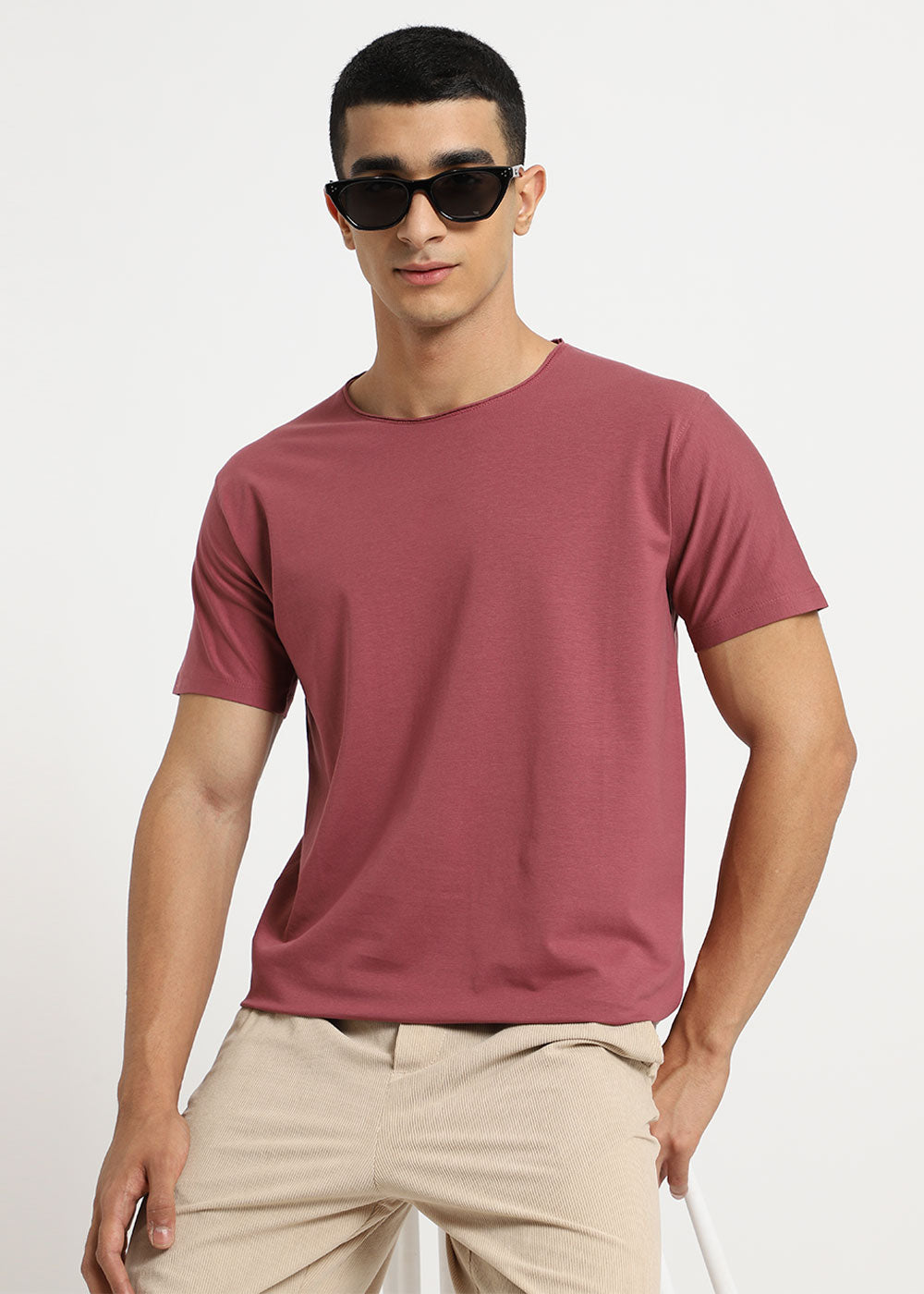 Salmon Pink Plain Crew neck T-shirt