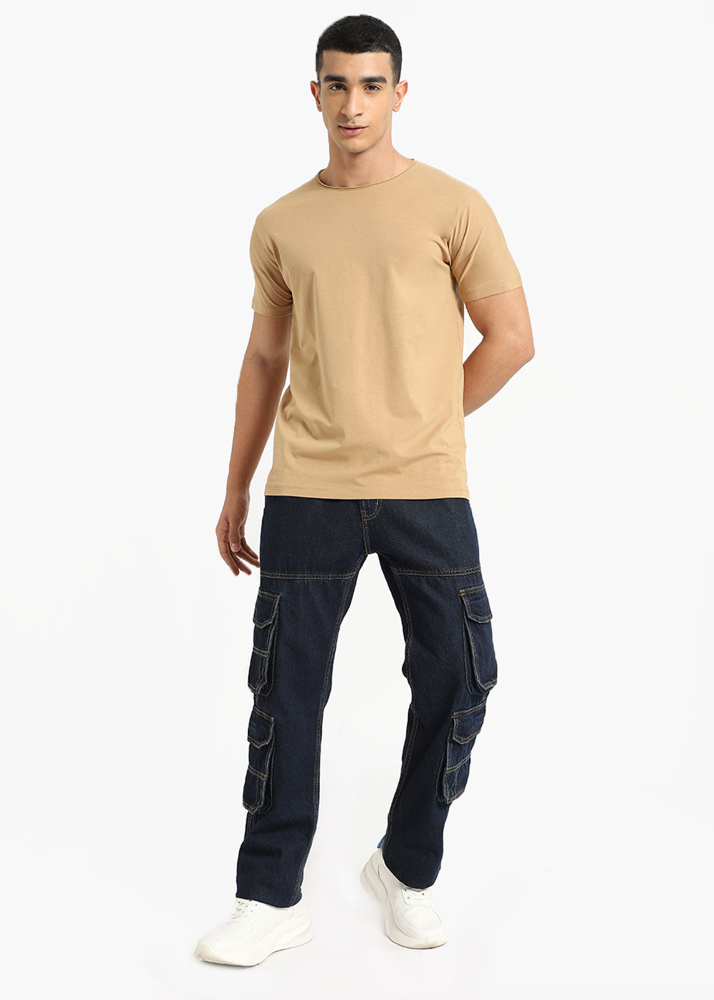 Beige Plain Crew neck T-shirt