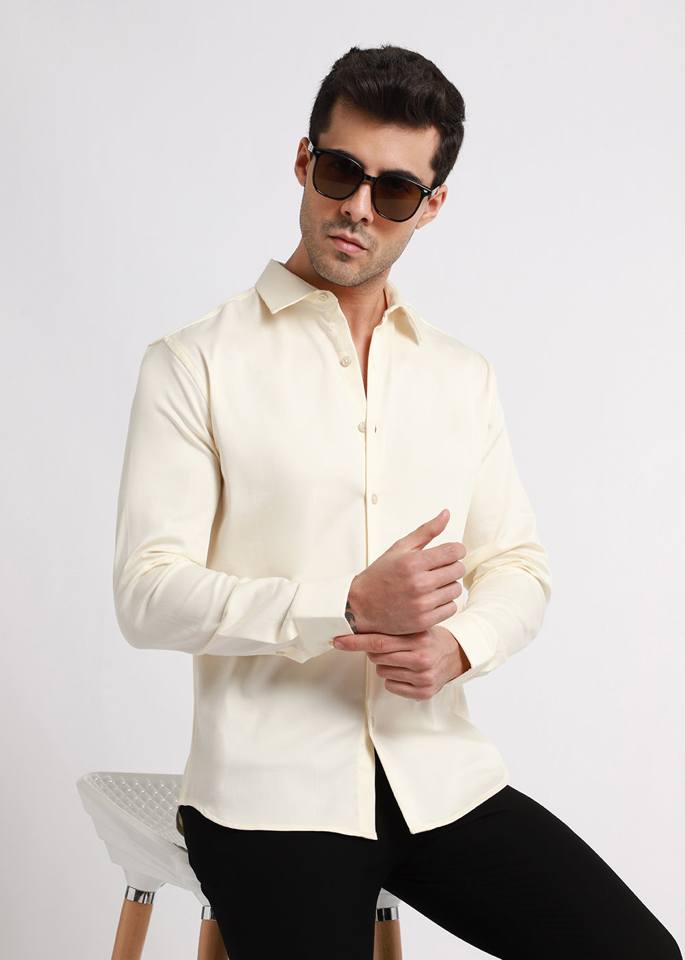 Cream Plain Satin Shirt