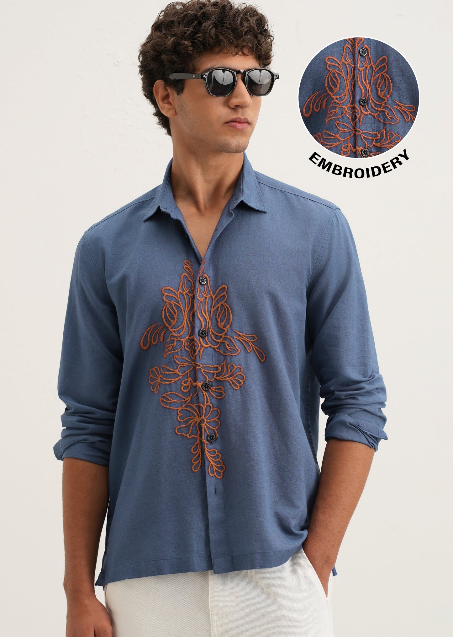 Blue Floral Embroidery Shirt