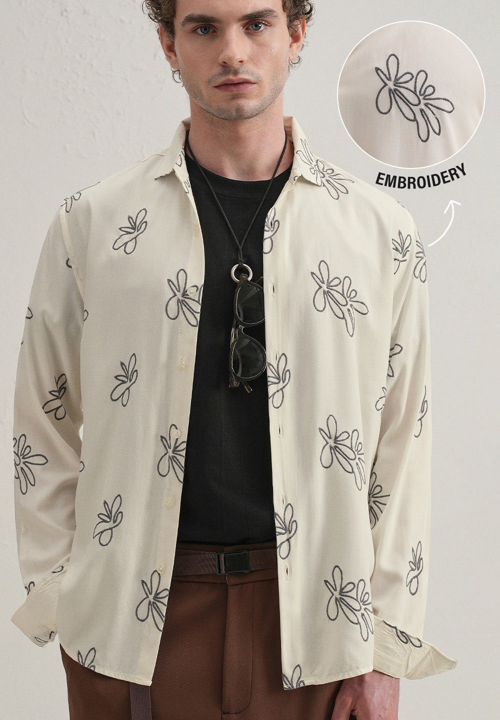 Cream Abstract Floral Embroidery Shirt
