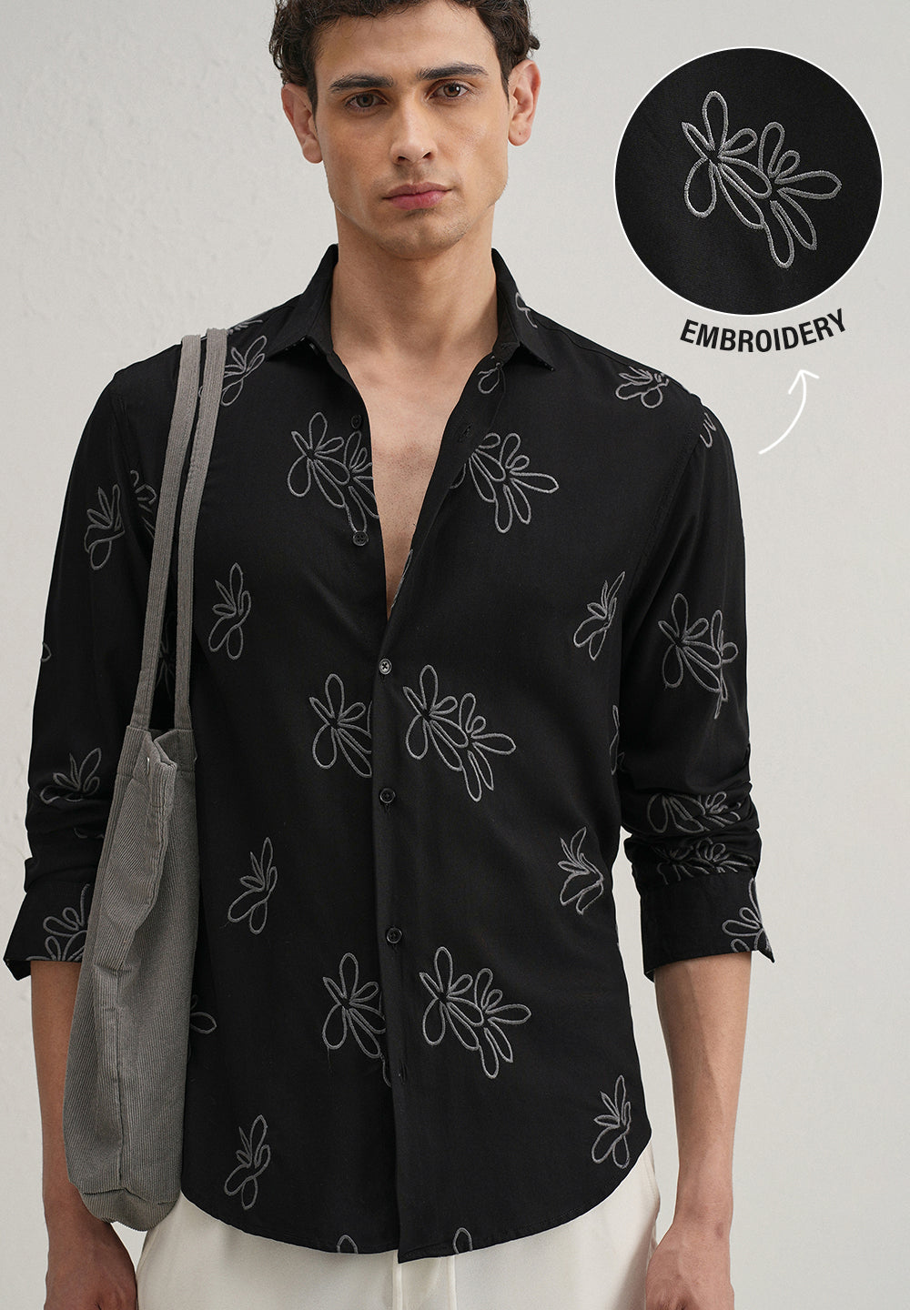 Black Abstract Floral Embroidery Shirt