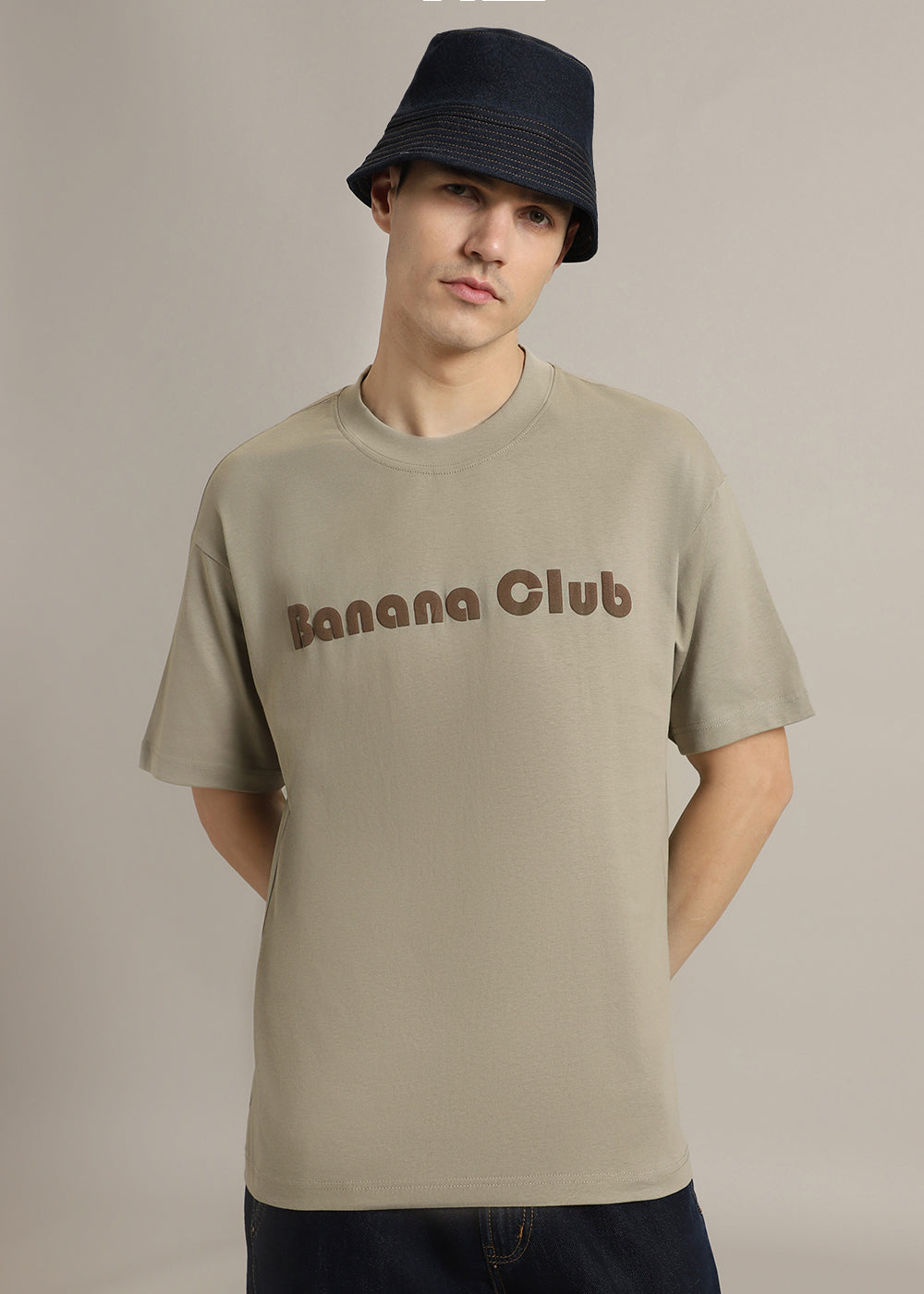 Banana Club Embossed Tan Plain Oversized Fit T-shirt