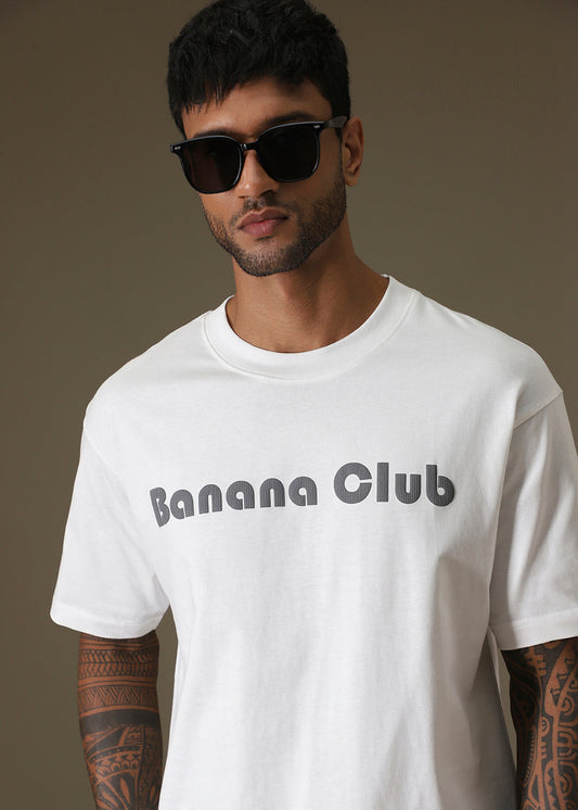 Banana Club Embossed White Plain Oversized Fit T-shirt