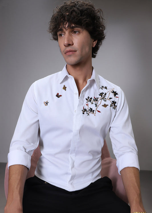 Beeclub Needle Work White Designer Shirt