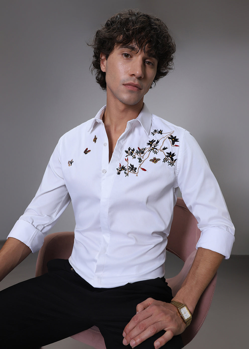 Beeclub Needle Work White Designer Shirt
