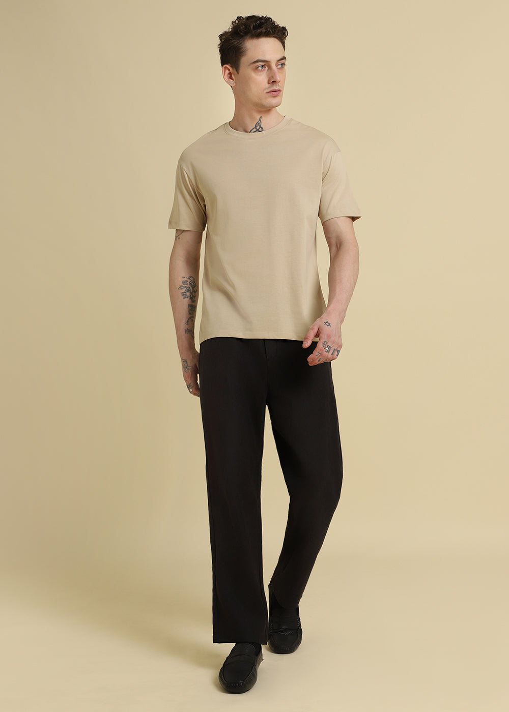Beige Plain Basic Regular Fit T-shirt