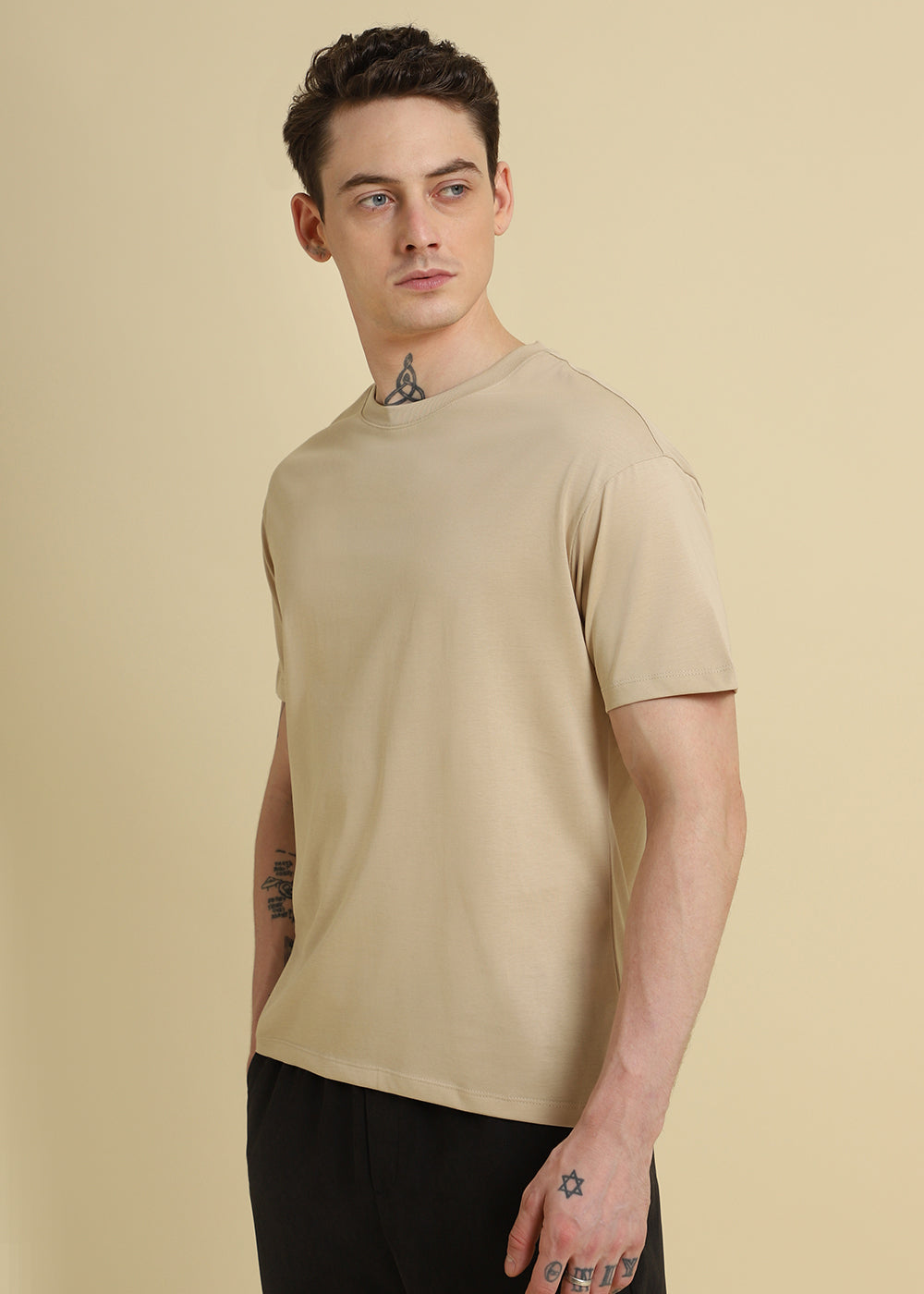 Beige Plain Basic Regular Fit T-shirt