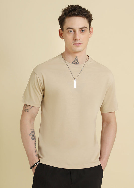 Beige Plain Basic Regular Fit T-shirt