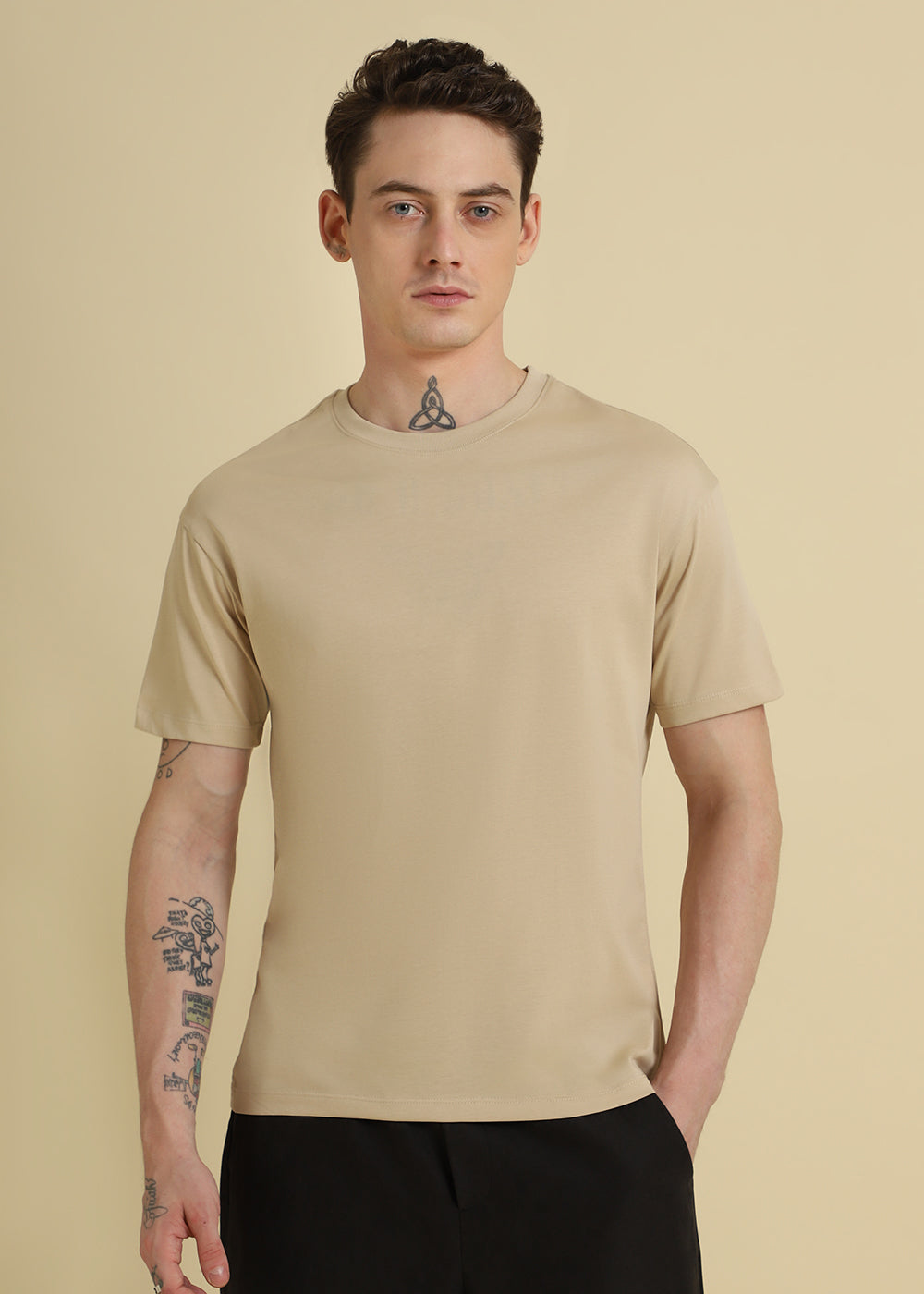 Beige Plain Basic Regular Fit T-shirt