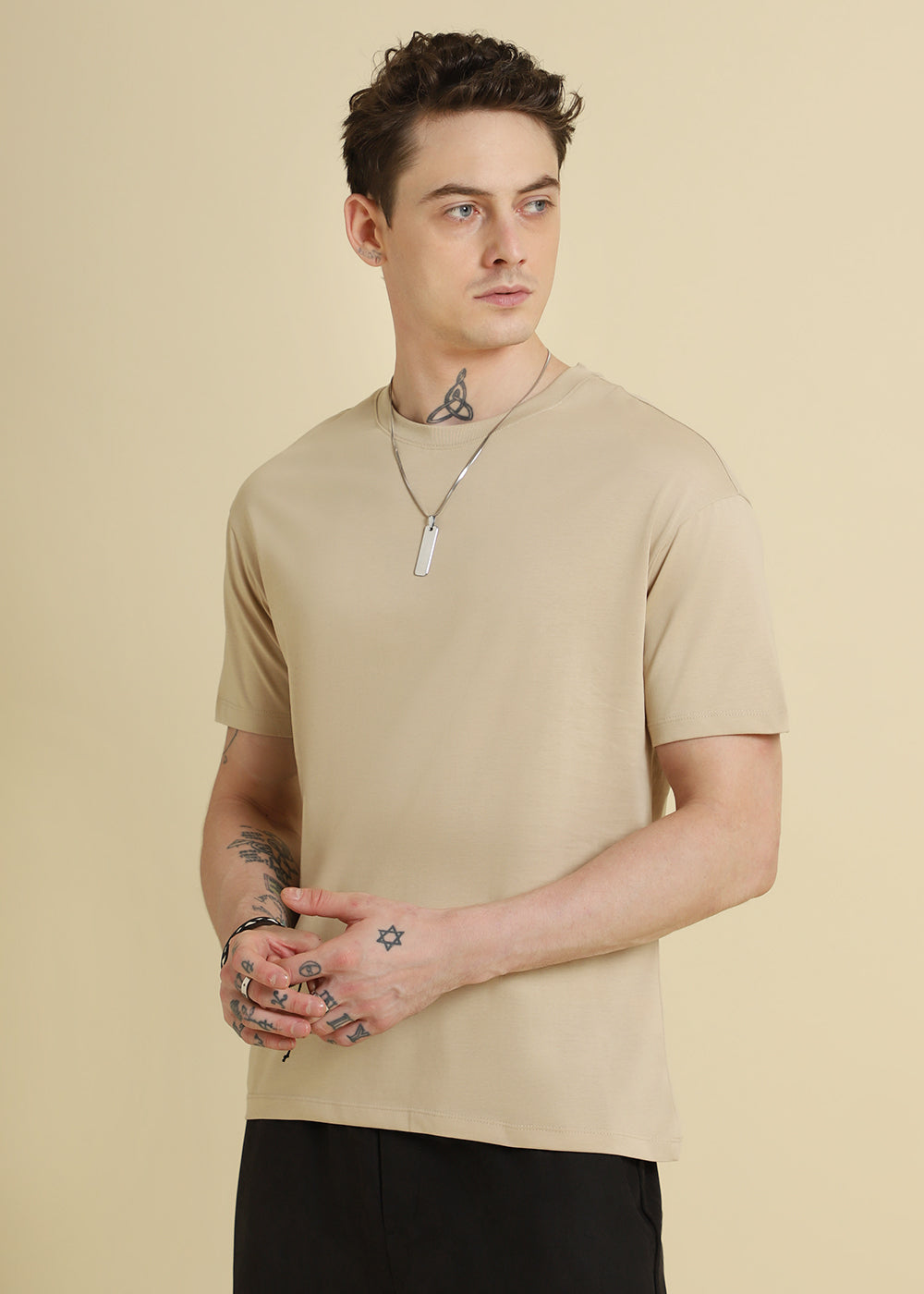 Beige Plain Basic Regular Fit T-shirt