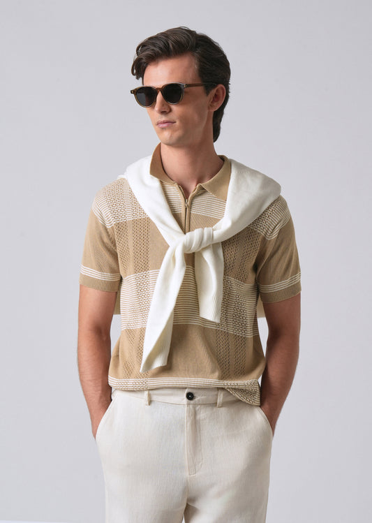 Beige Knitted Polo Zipper T-shirt