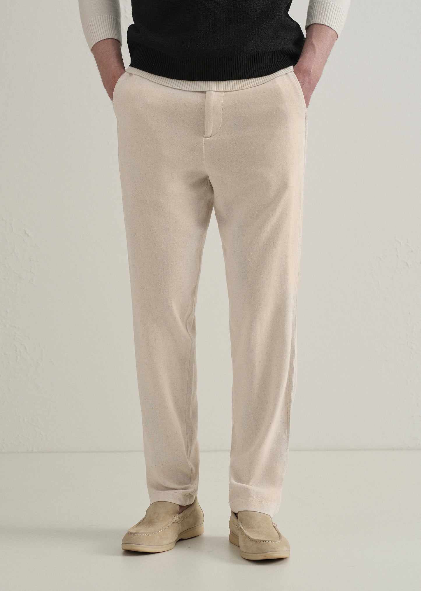 Beige Relaxed Fit Blended Linen Trouser