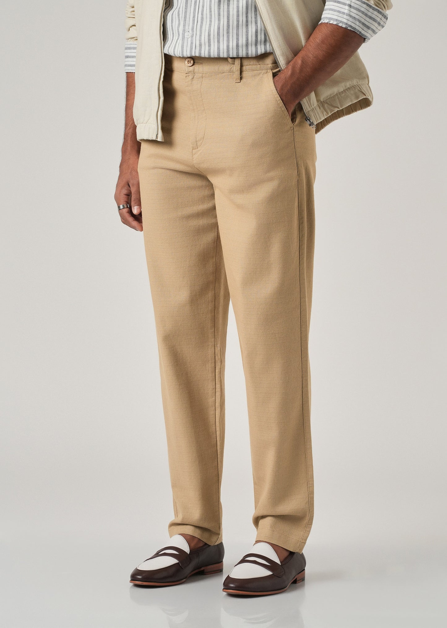 Beige Linen-Look Cotton Trousers