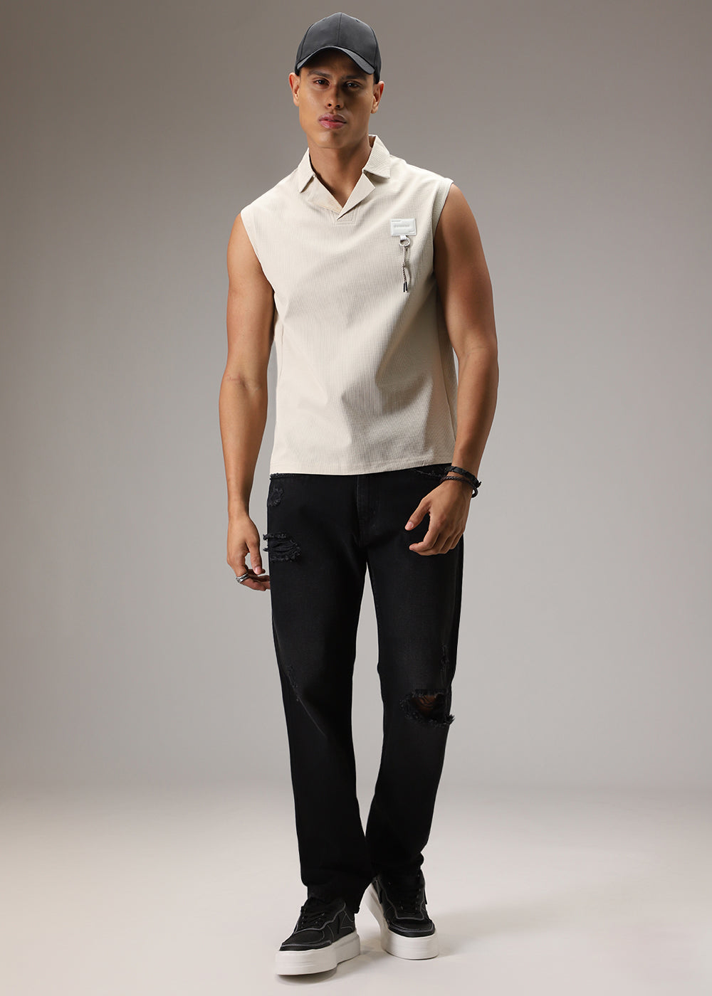 Beige Plain Ribbed Polo Tank