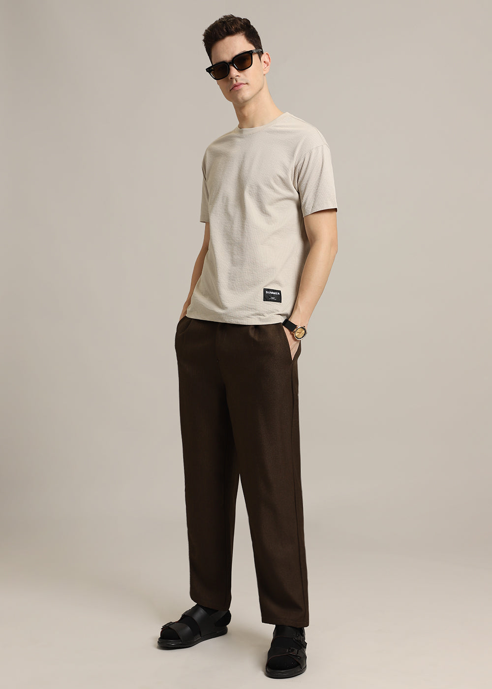 Beige Plain Ribbed Stripe Regular Fit T-shirt