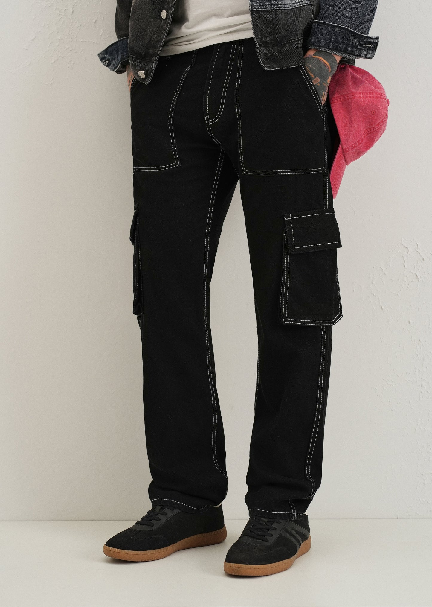 Black Contrast Stitched Denim Cargo