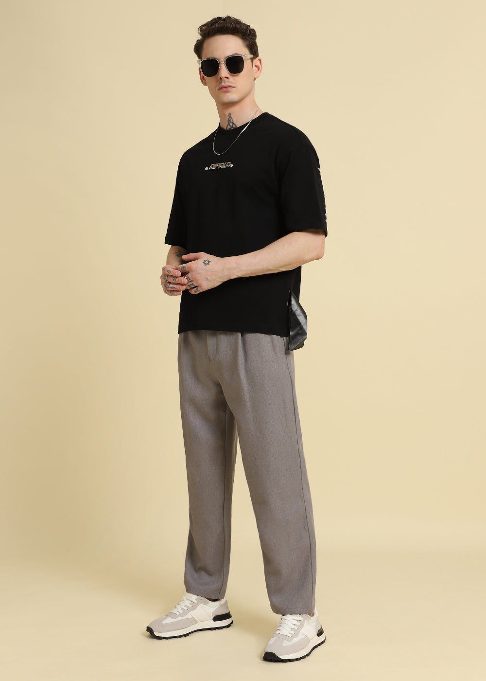 Black Plain Embellished Oversized T-Shirt