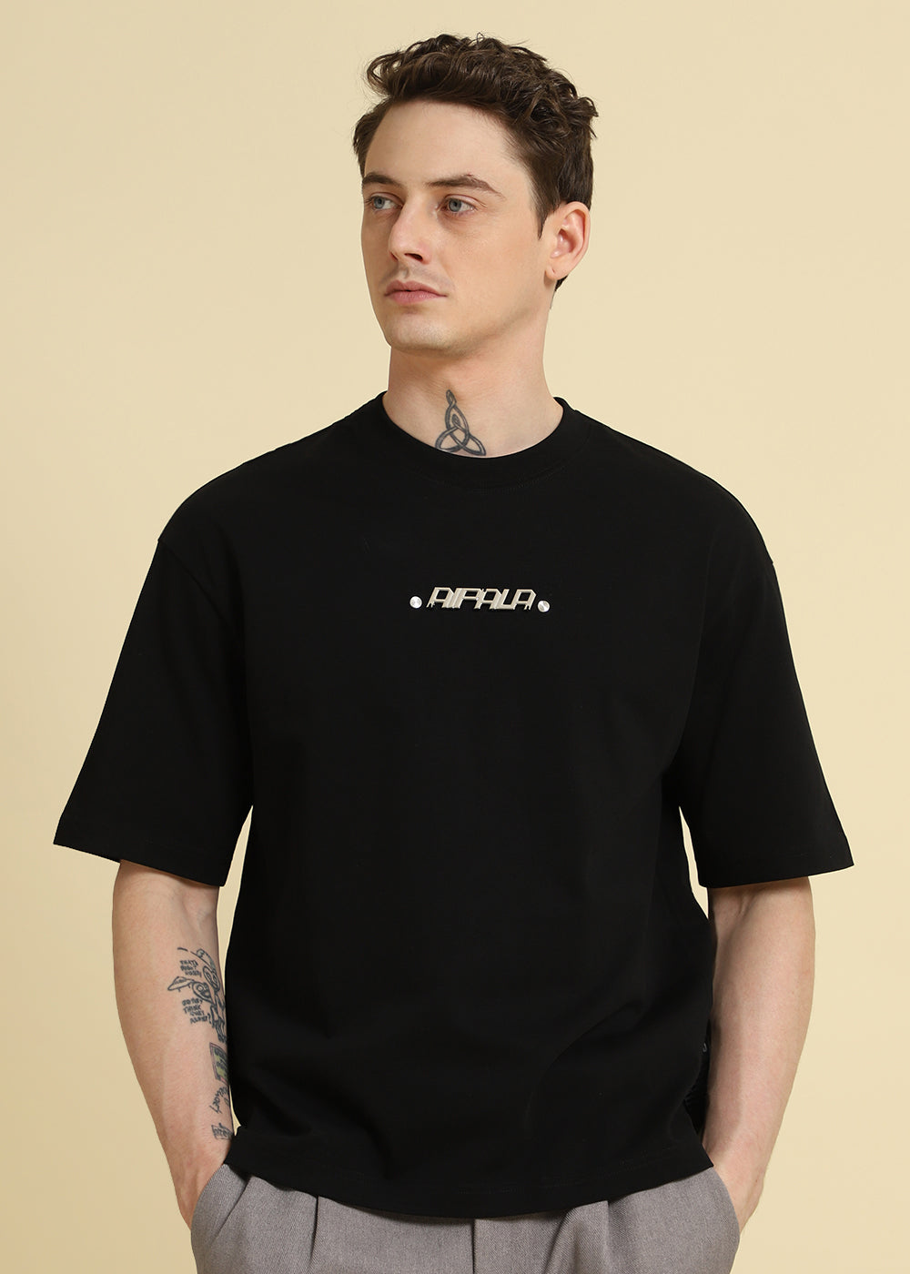 Black Plain Embellished Oversized T-Shirt
