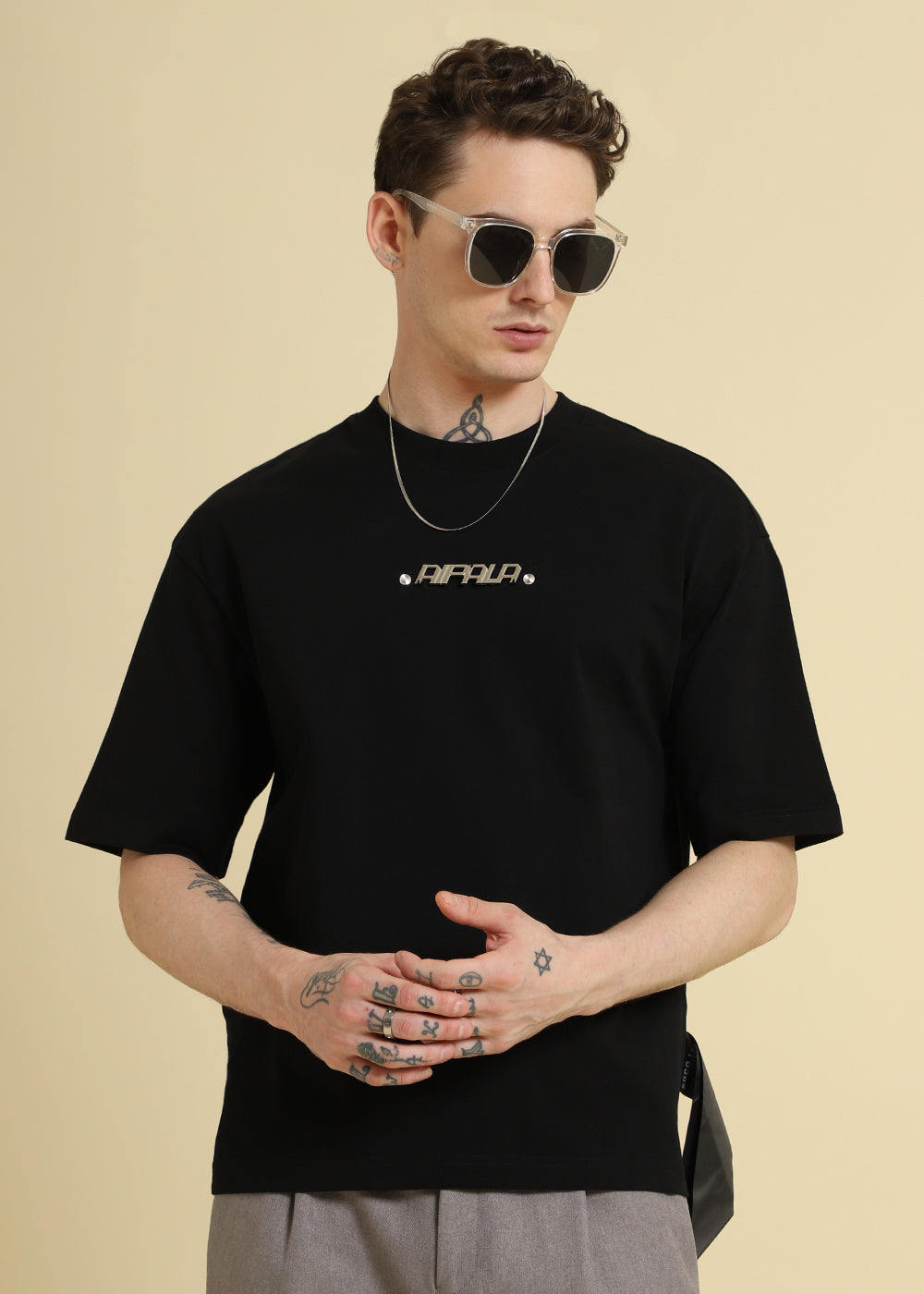 Black Plain Embellished Oversized T-Shirt