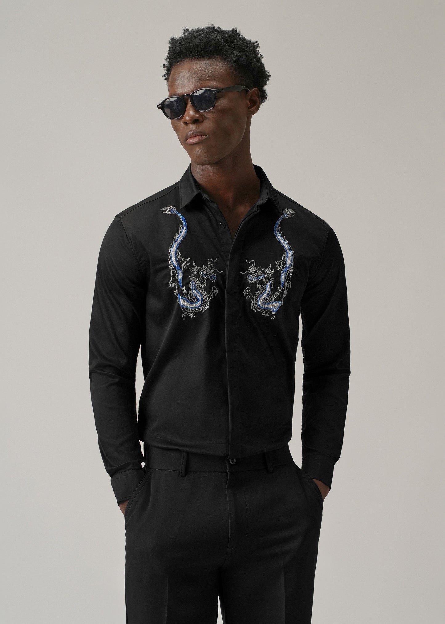 Black Handcrafted Dragon Designer Shirt
