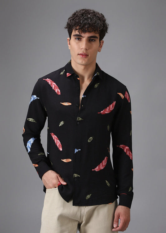 Black Feather Leaf Embroidery Shirt