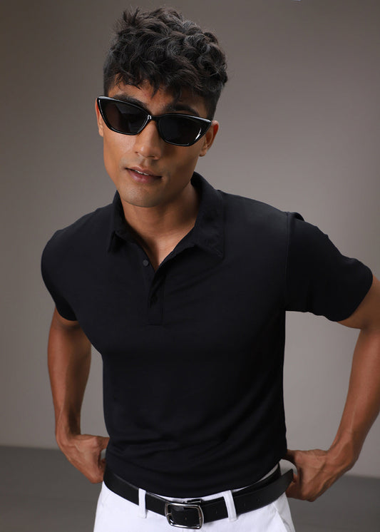Black Plain Ribbed Polo T-shirt