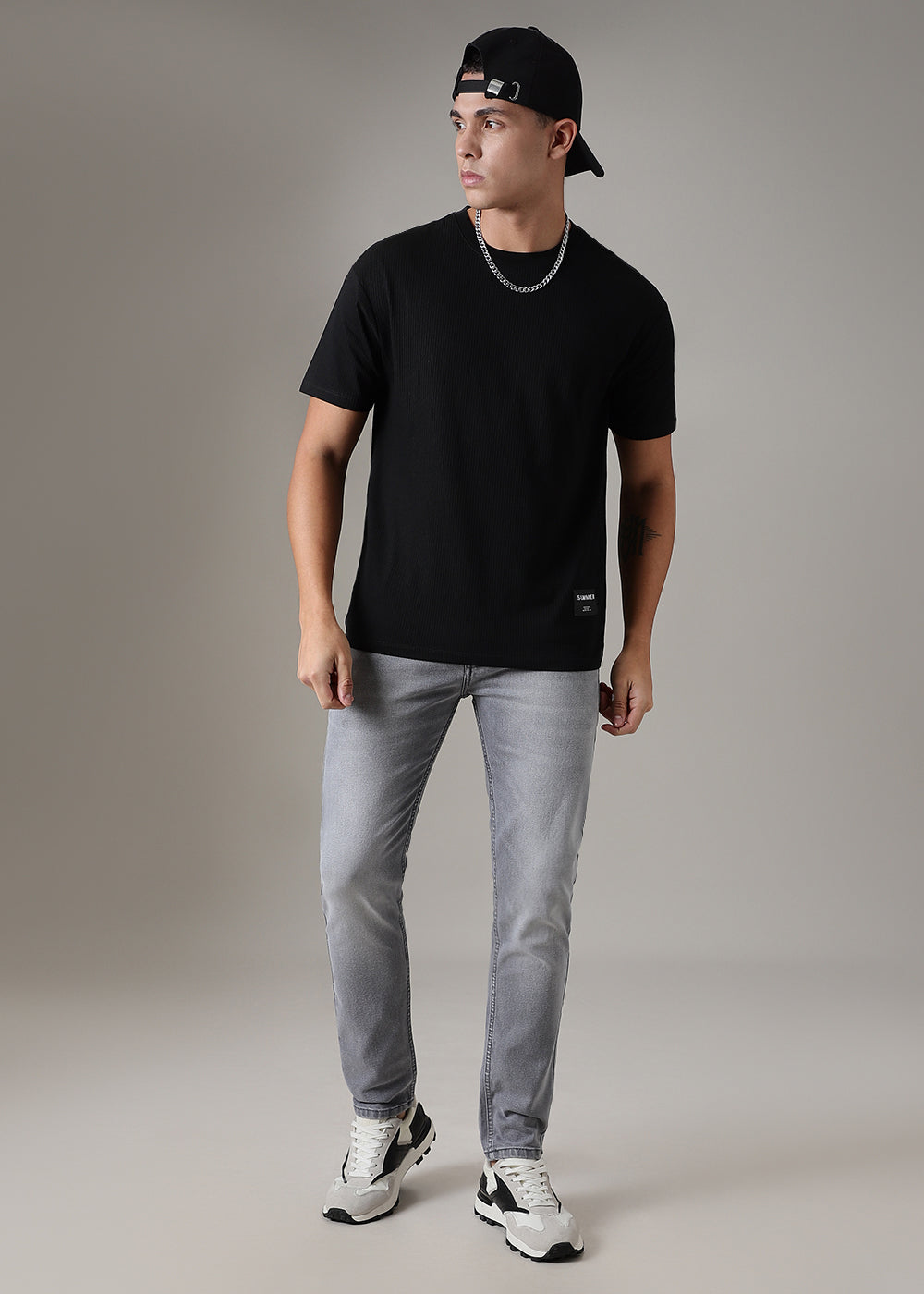 Black Plain Ribbed Regular Fit T-shirt