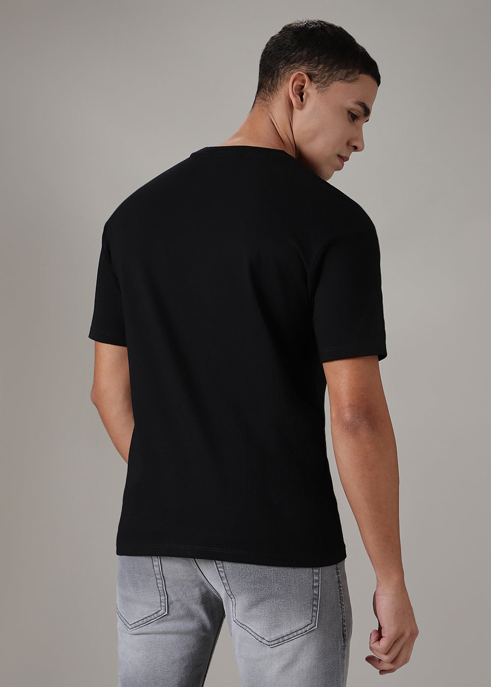 Black Plain Ribbed Regular Fit T-shirt