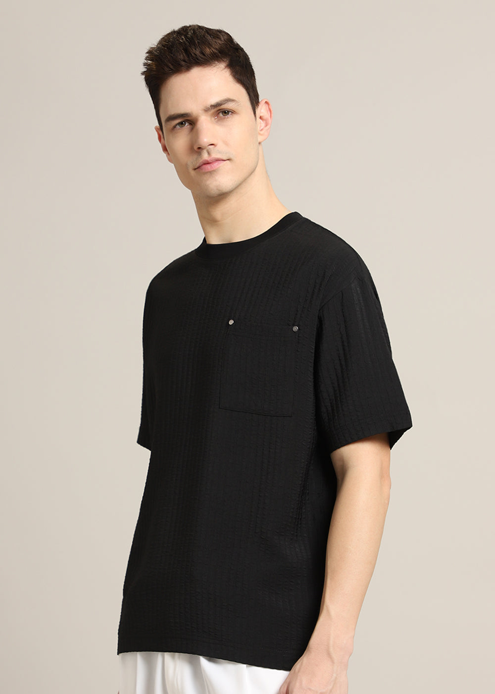 Black Plain Textured Oversized T-shirt