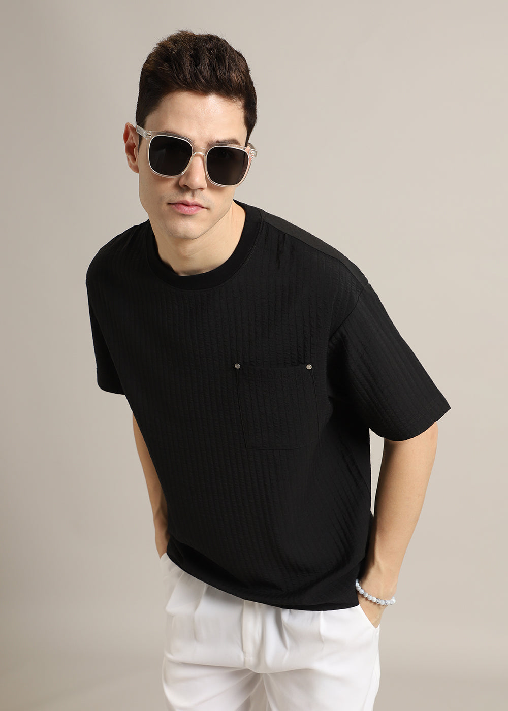 Black Plain Textured Oversized T-shirt