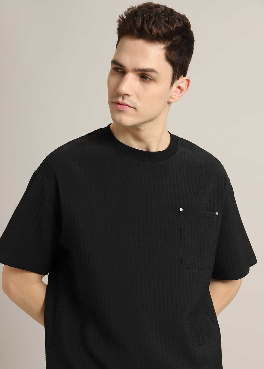 Black Plain Textured Oversized T-shirt