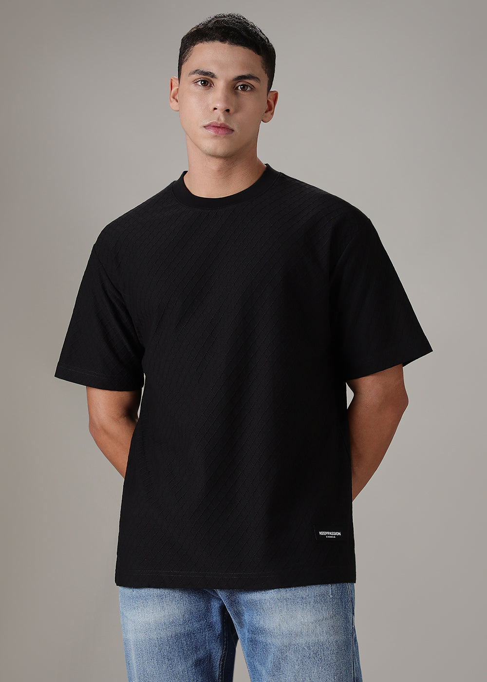 Black Plain Textured Regular Fit T-shirt