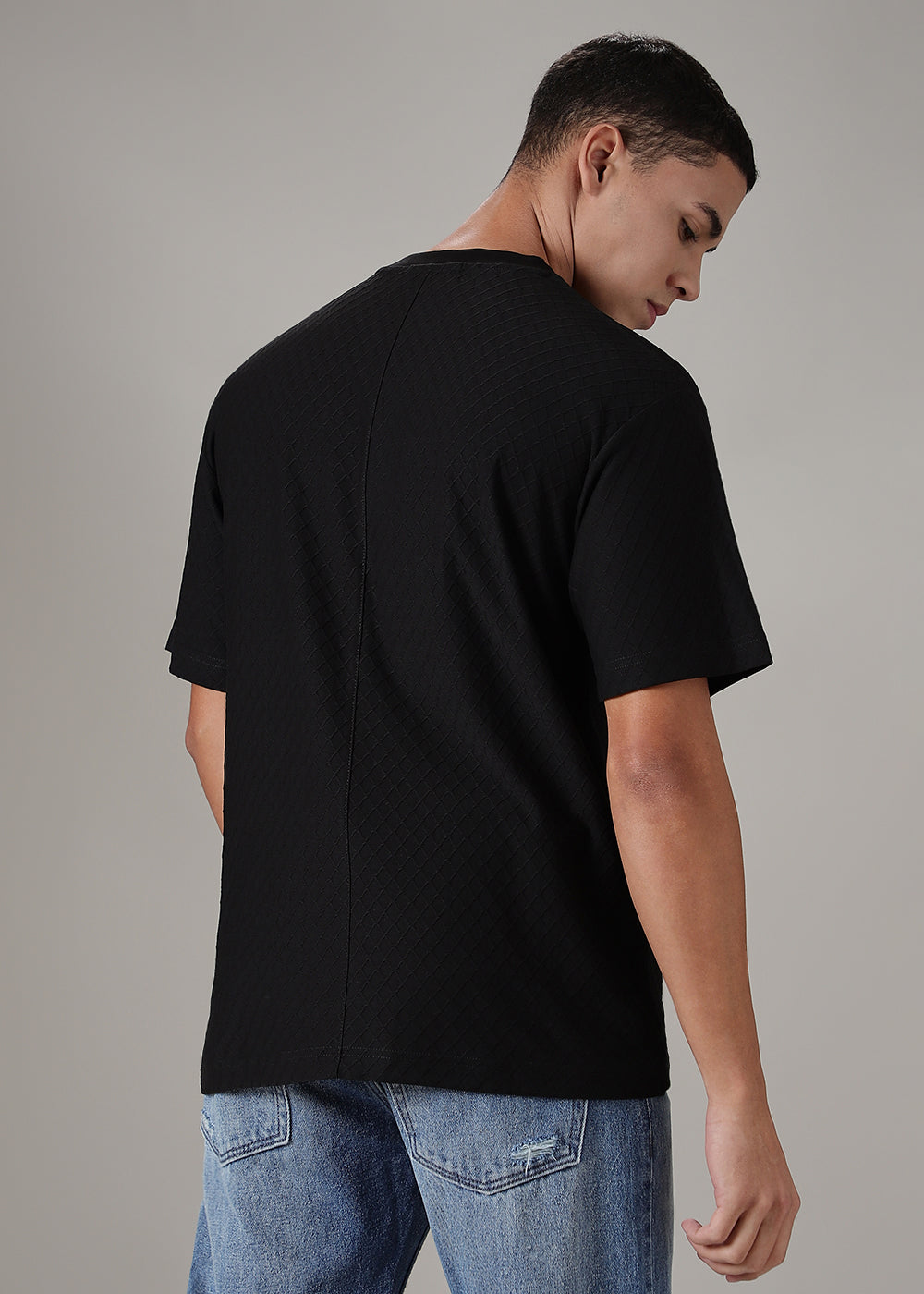 Black Plain Textured Regular Fit T-shirt