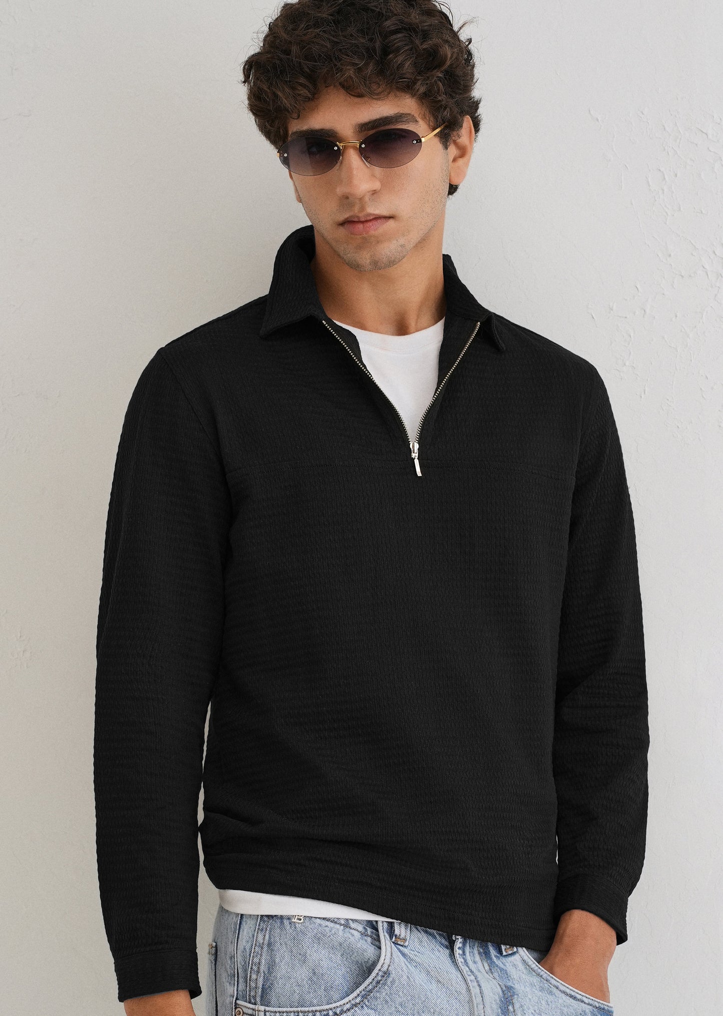 Black Zipper Polo Knit T-shirt