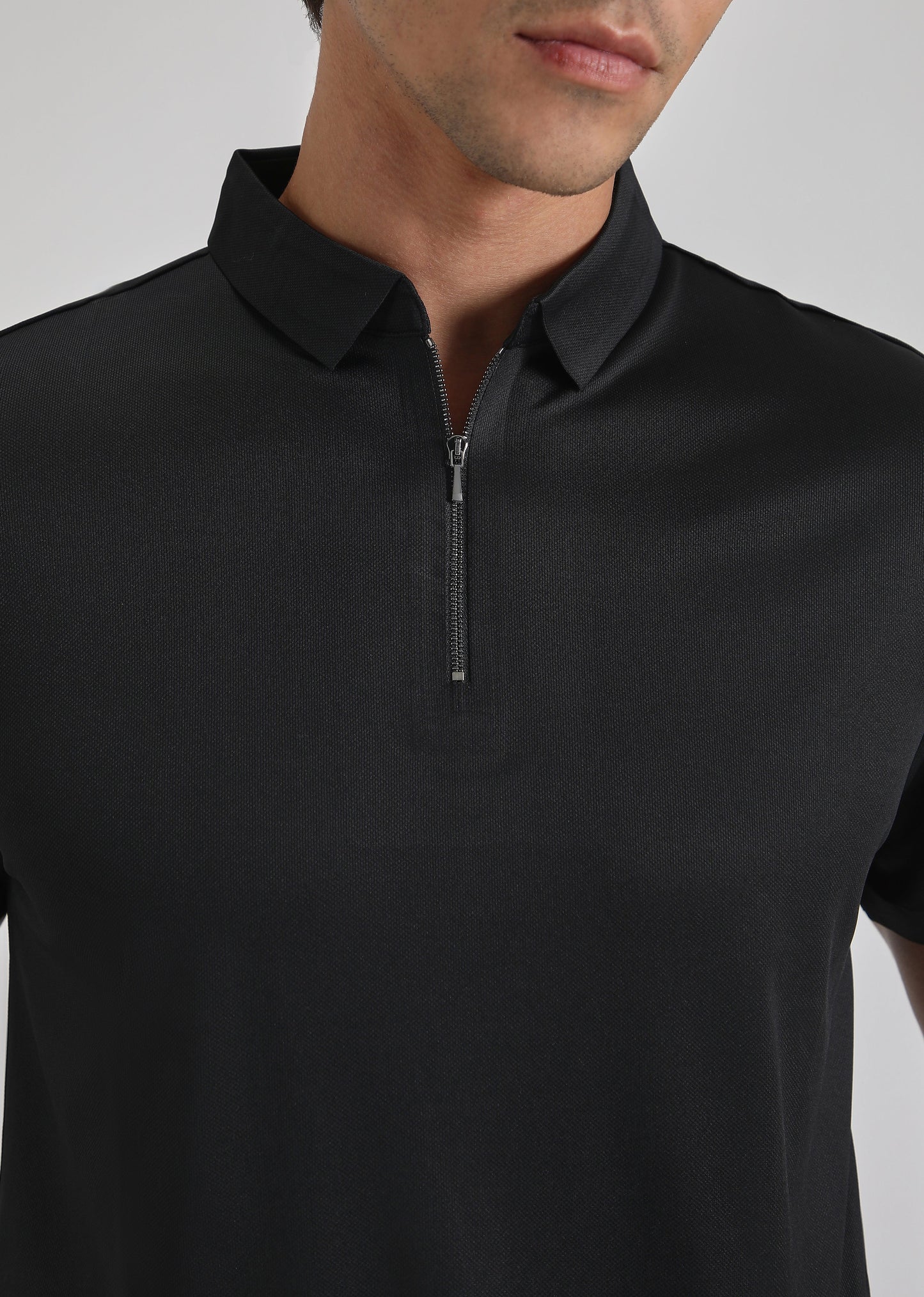 Black Plain Zipper Stitchless Polo T-shirt