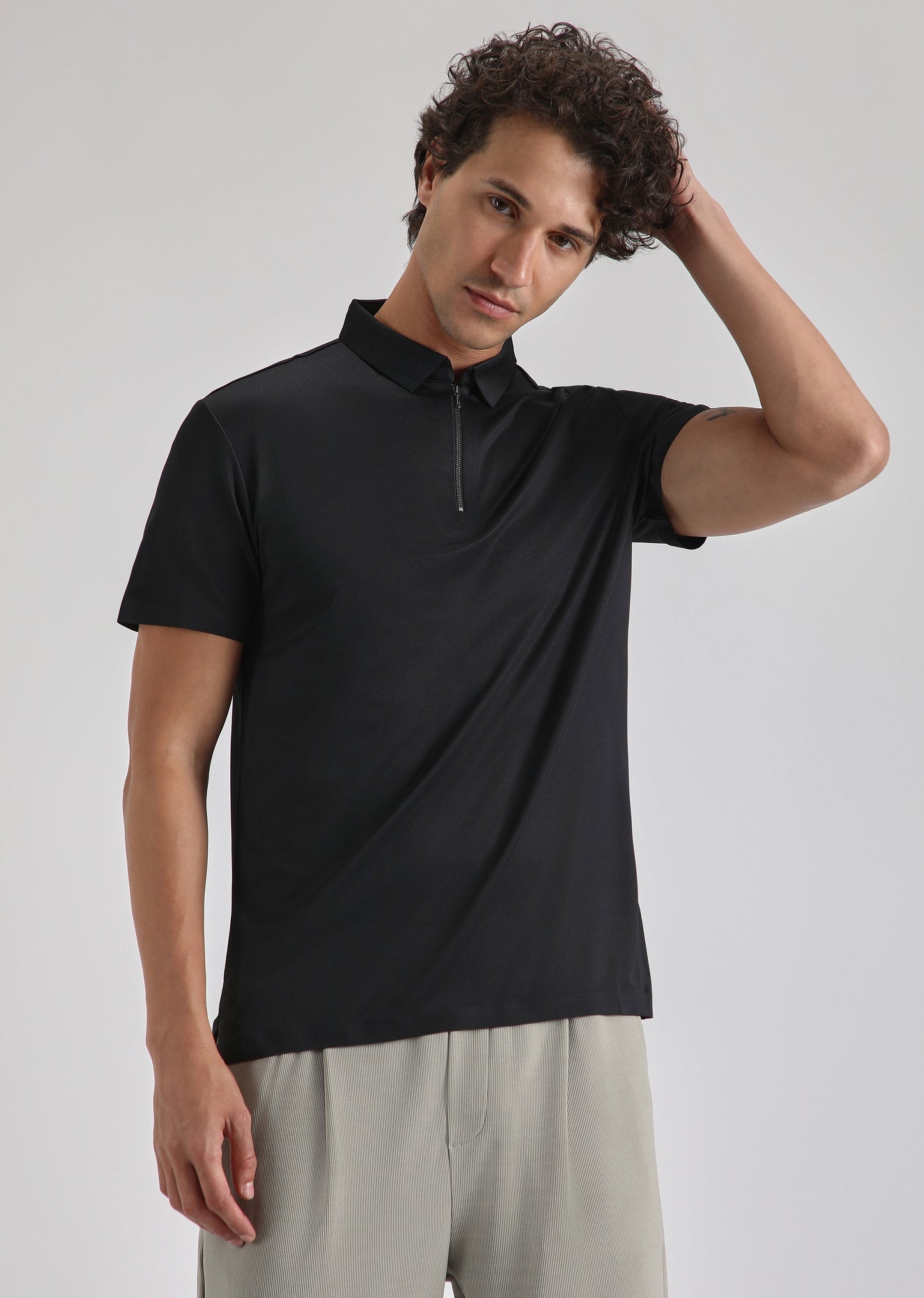 Black Plain Zipper Stitchless Polo T-shirt