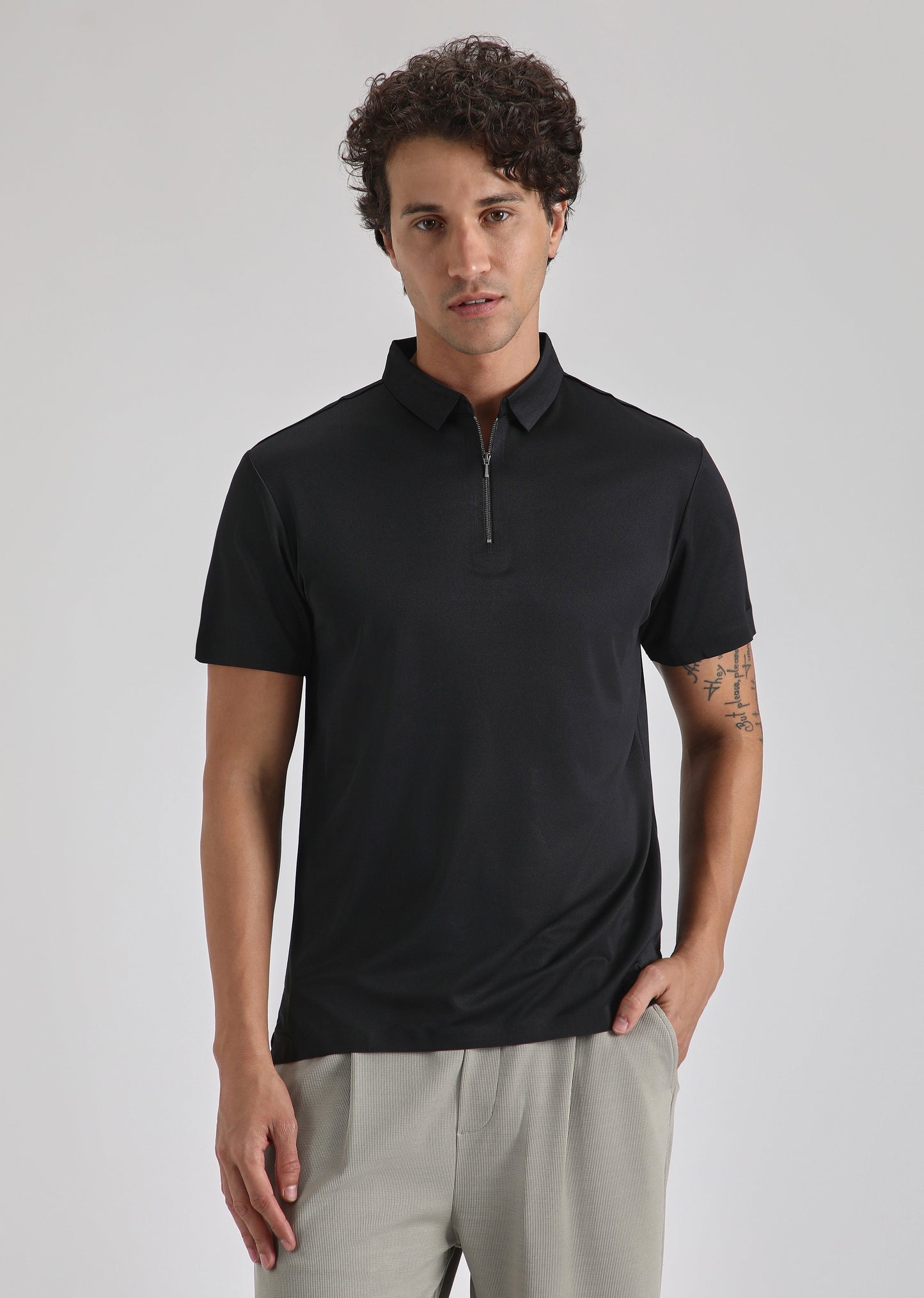Black Plain Zipper Stitchless Polo T-shirt