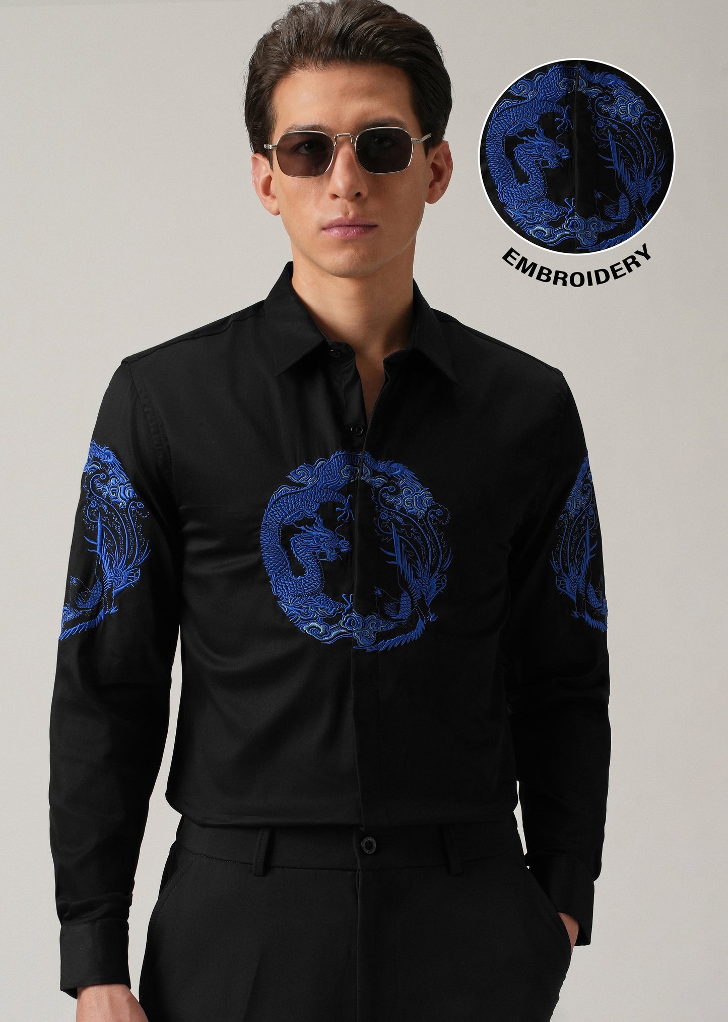 Black Dragon and Phoenix Embroidery Designer Shirt