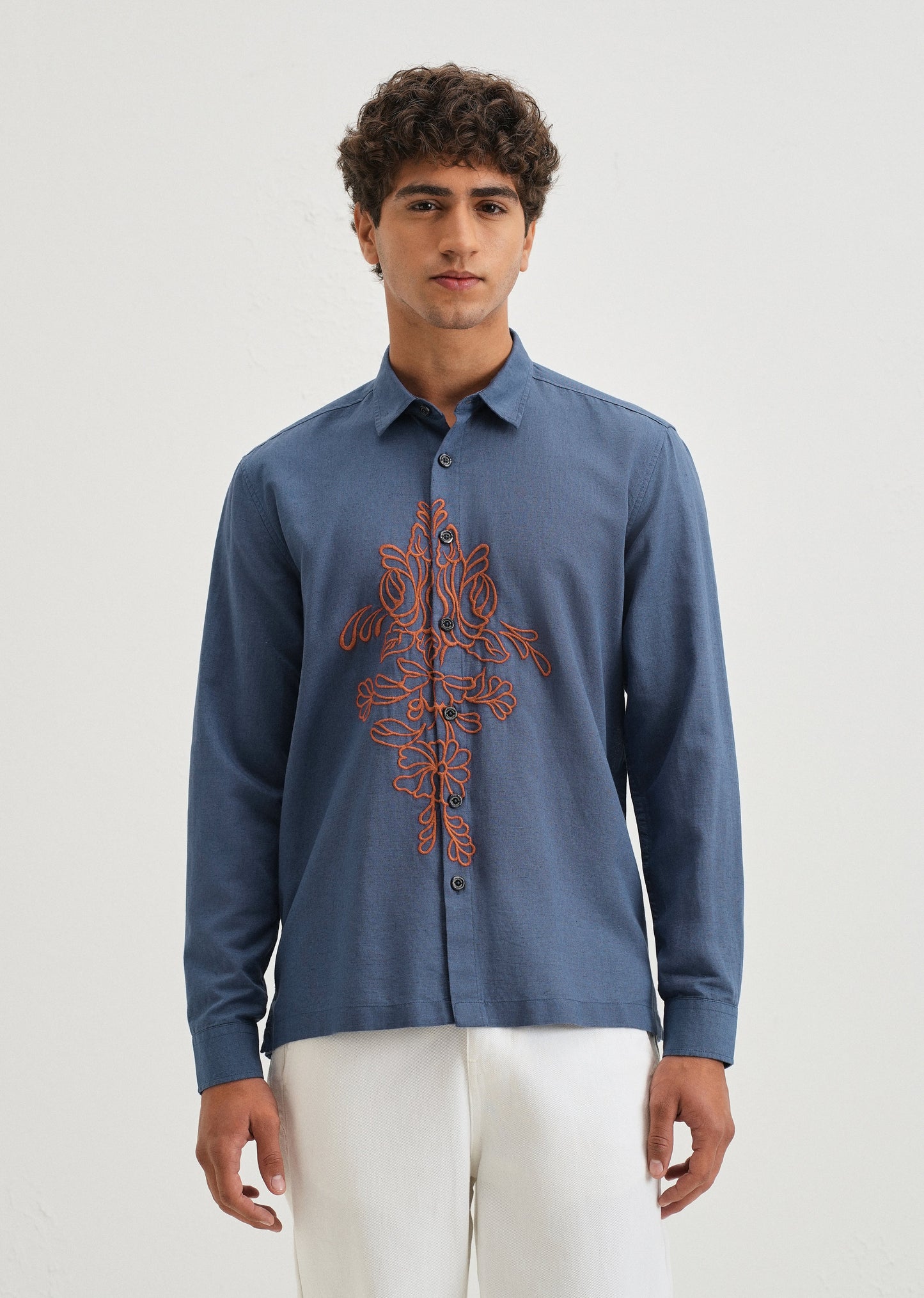 Blue Floral Embroidery Shirt