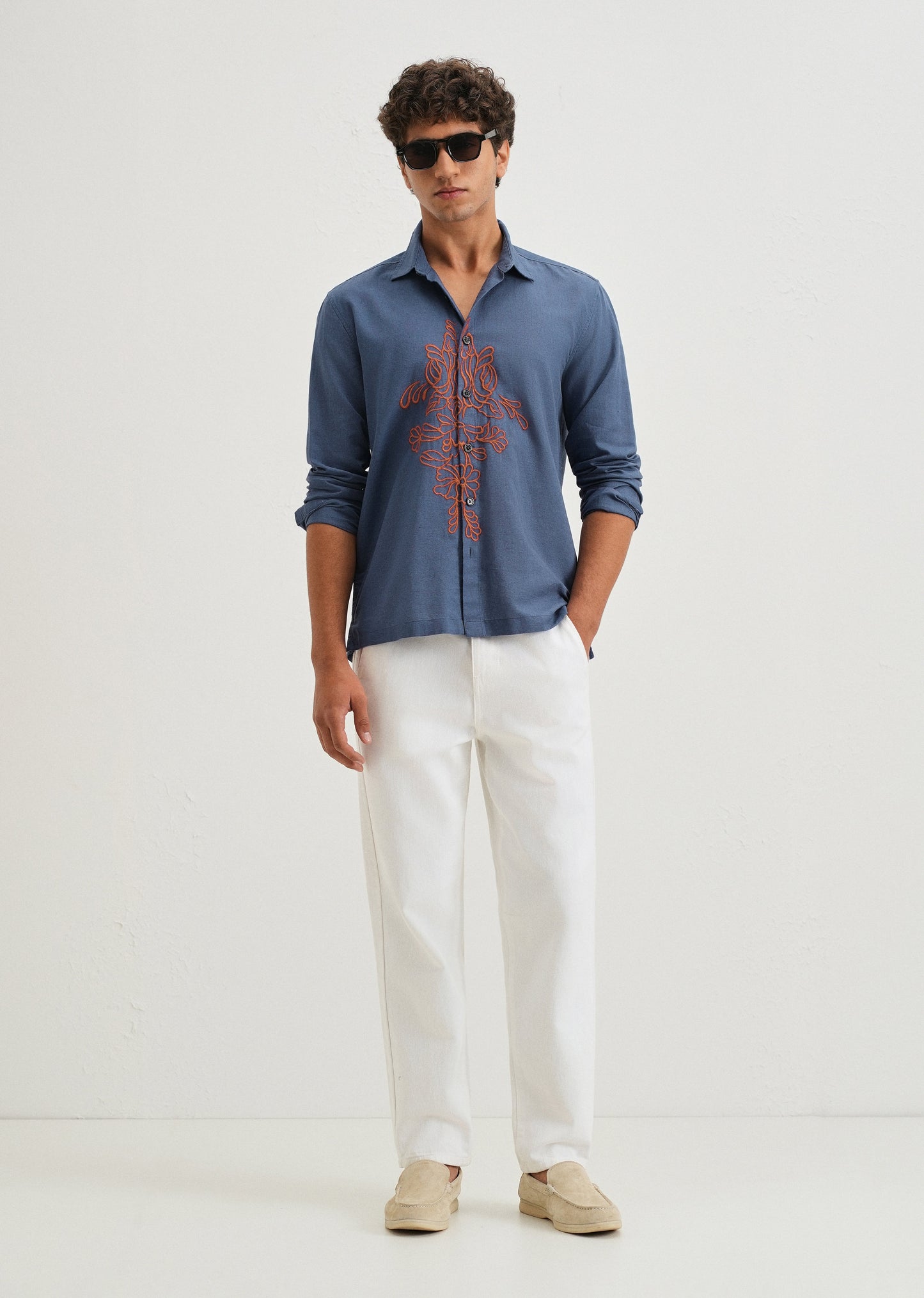 Blue Floral Embroidery Shirt